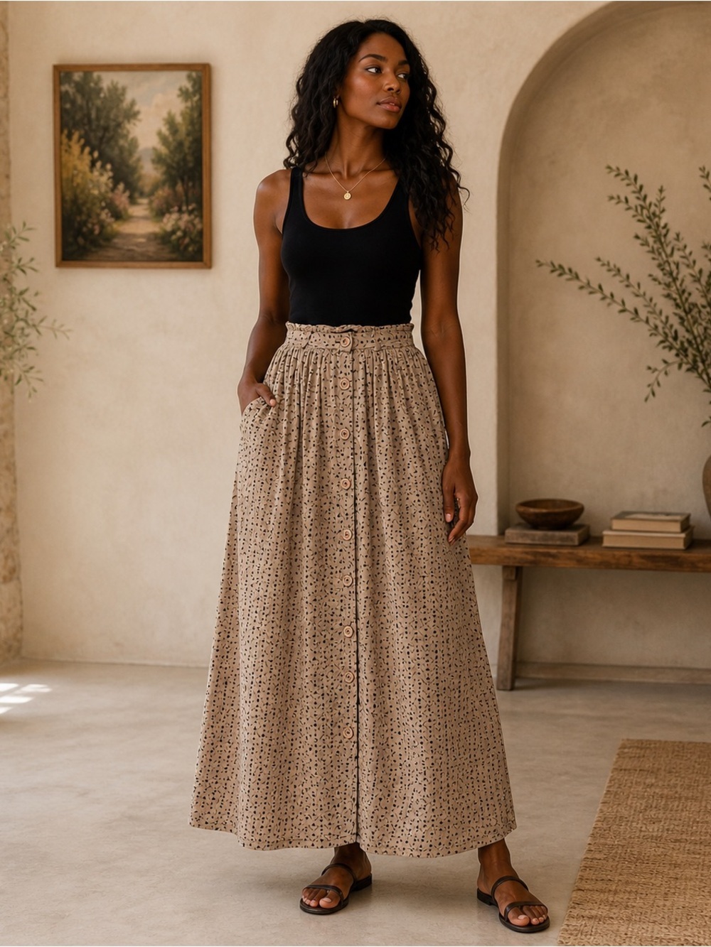 American Apparel Tan Geometric Pattern Skirt Maxi Midi Small